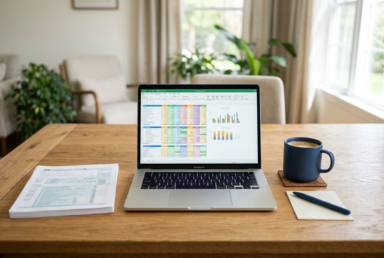 Laptop and blank tax forms on a home office desk