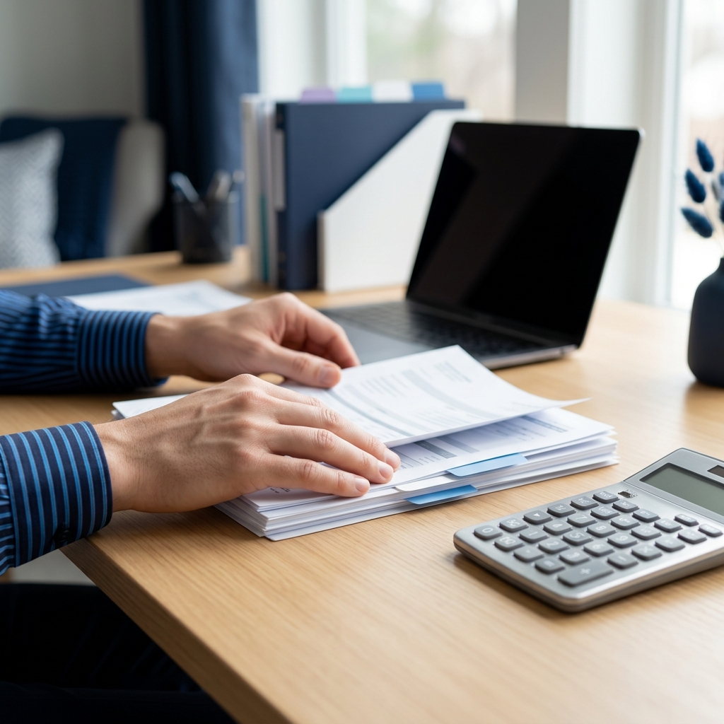 Accountant Reviewing Financial Statements Accountant's hands organizing financial statements next to a calculator and laptop