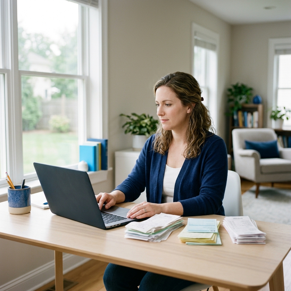 Bookkeeper Organizing Receipts in a Home Office Bookkeeper working on a laptop with receipts sorted into neat piles on a wooden desk
