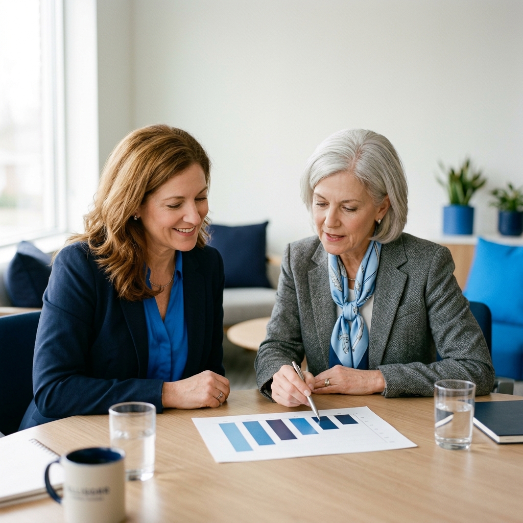 Business Owner Reviewing Growth Plans with an Advisor Business owner and advisor discussing a printed growth chart at a meeting table