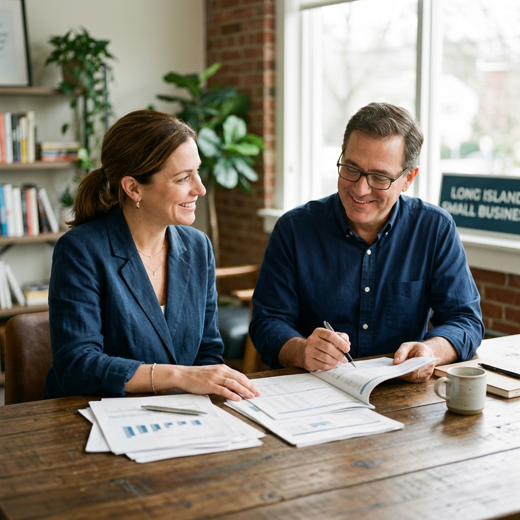 Business owner and advisor smiling while reviewing printed financial reports at a wooden table