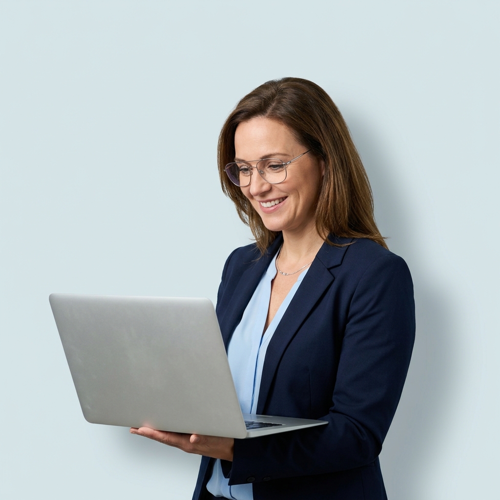 Smiling accountant in glasses and a navy blazer reviewing a laptop