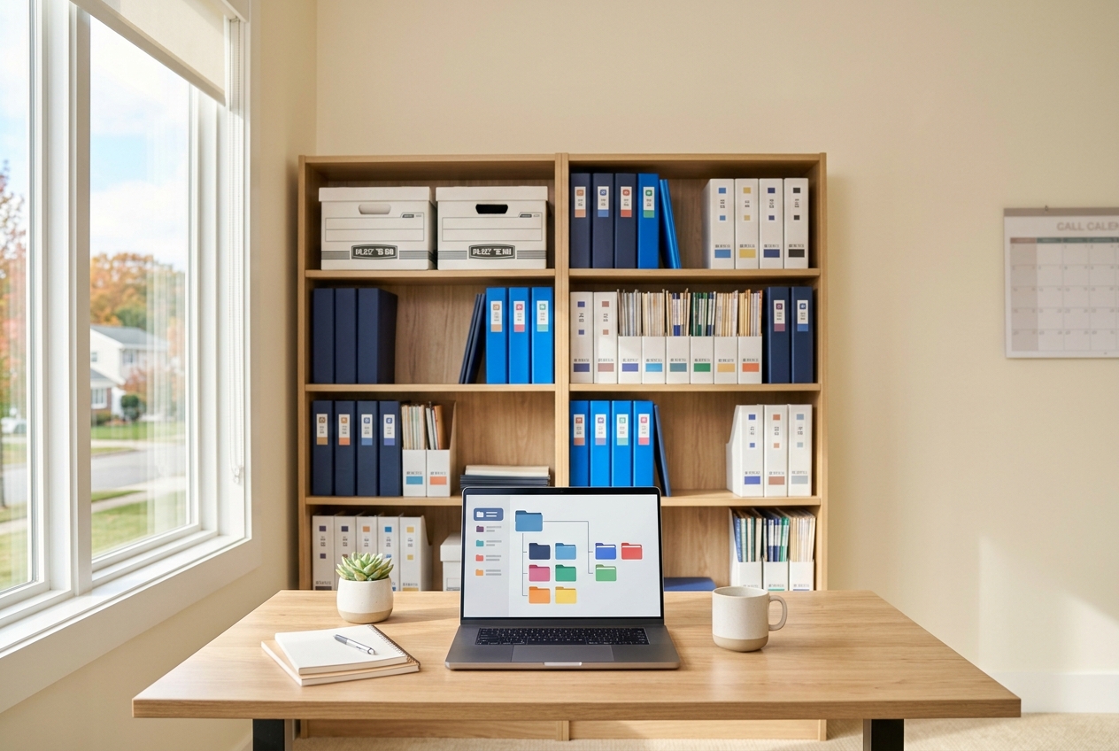 Organized file boxes and binders on an office shelf next to a laptop