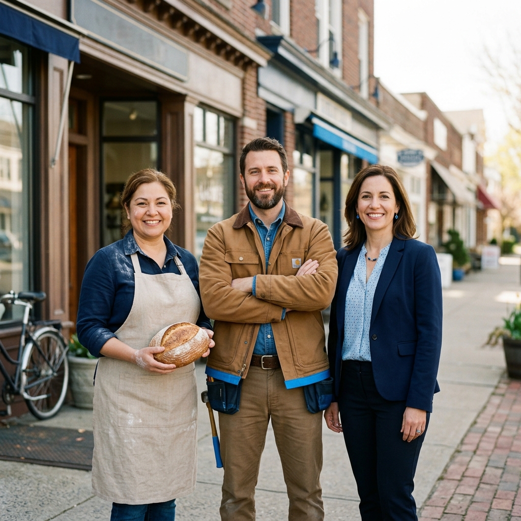 Local Small Business Owners on Main Street A baker, a contractor and a business professional smiling together on a small-town sidewalk