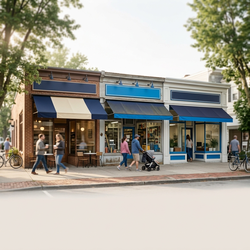 Main Street Shops in a Small Town Row of local storefronts with navy and blue awnings and people walking on the sidewalk