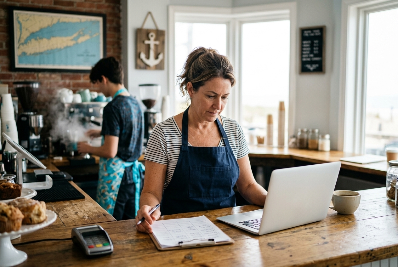 Café owner reviewing a staff schedule next to a laptop