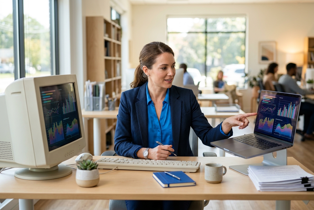 Office manager comparing a desktop computer and a laptop with financial charts