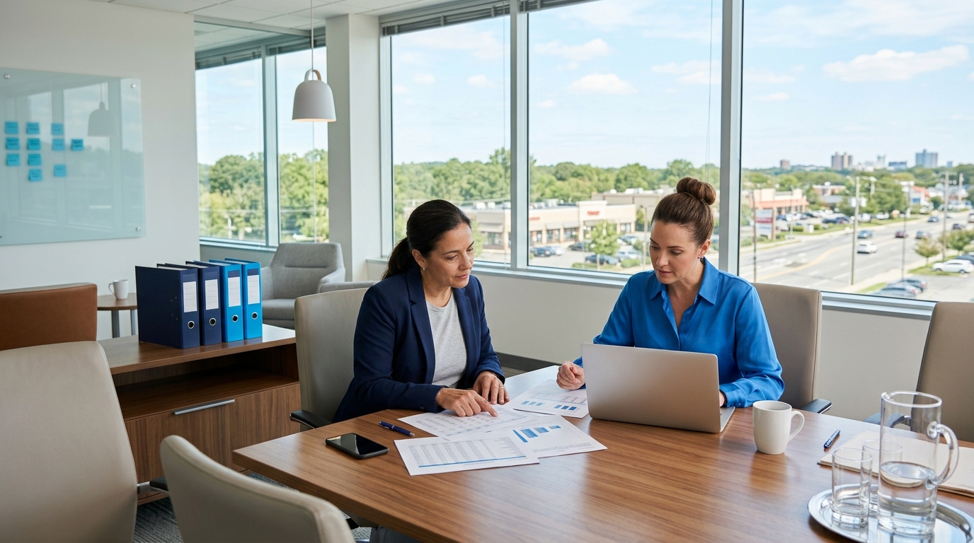 Reviewing financial statements before a business sale Business owner and accountant reviewing financial statements at a conference table