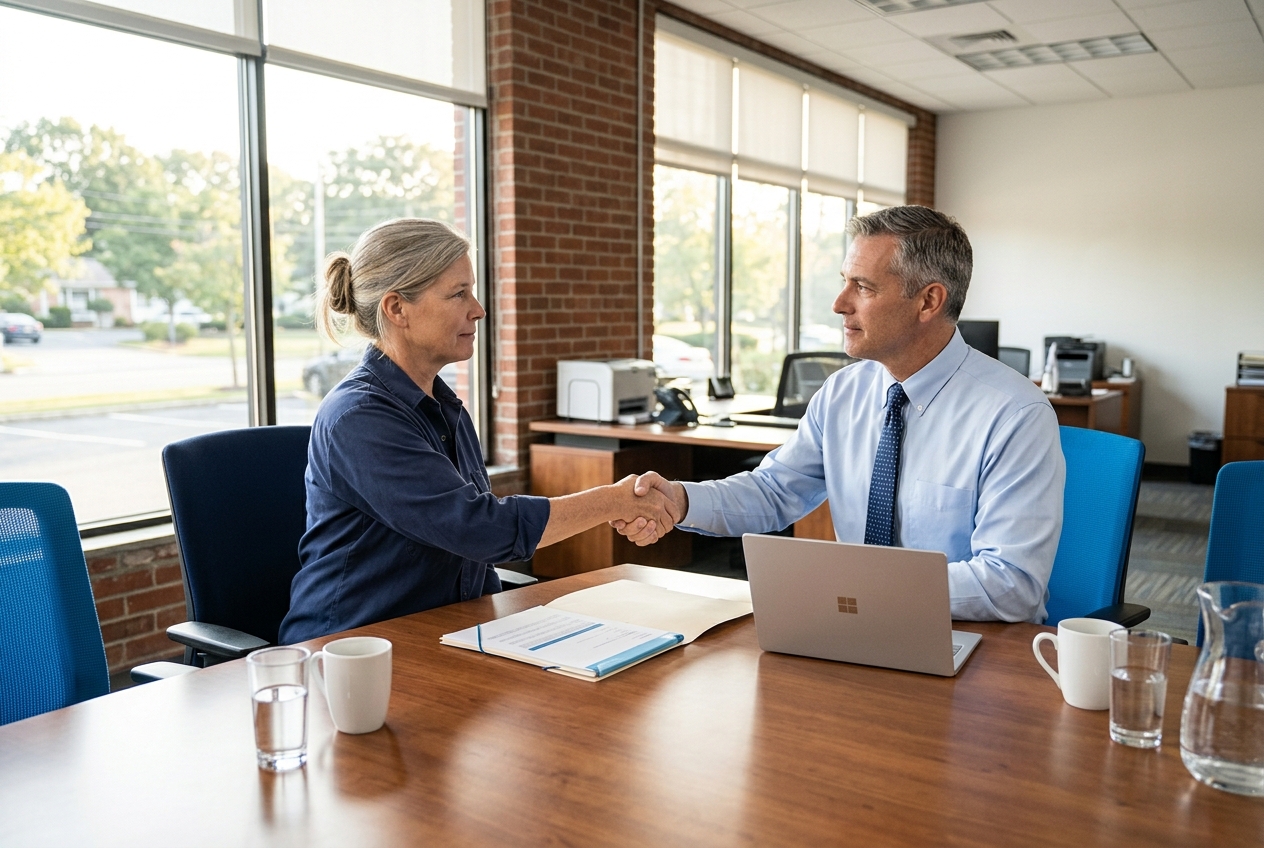 Two business owners shaking hands over a folder of financial documents