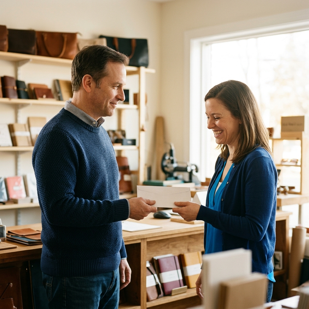 Small Business Owner Handing a Paycheck to an Employee Small business owner handing a paycheck envelope to a smiling employee in a shop