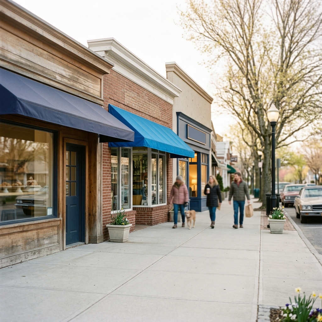 Small-Town Sidewalk with Local Storefronts Sidewalk lined with brick storefronts and blue awnings, with people walking a dog