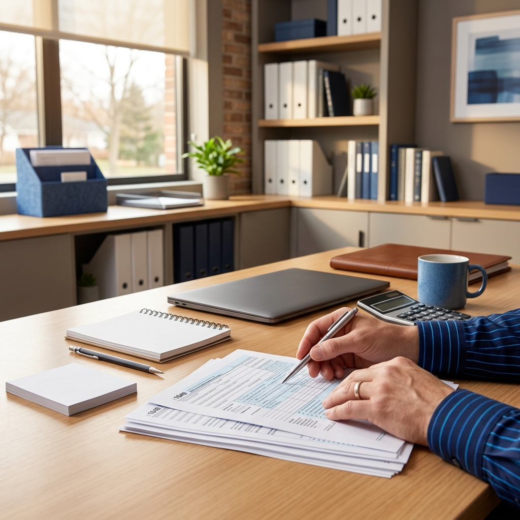 Tax Professional Reviewing a Tax Return Tax professional's hand pointing a pen at a tax form next to a calculator and laptop