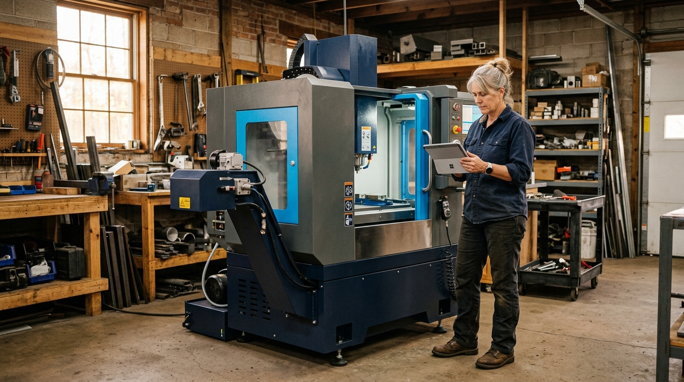 Year-end tax planning for small businesses Business owner reviewing a tablet beside new equipment in a workshop