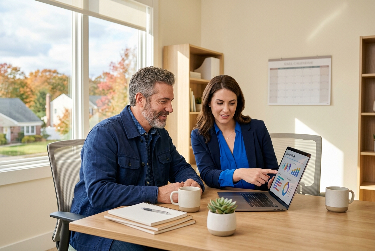 Business owner and accountant reviewing a year-end tax plan on a laptop